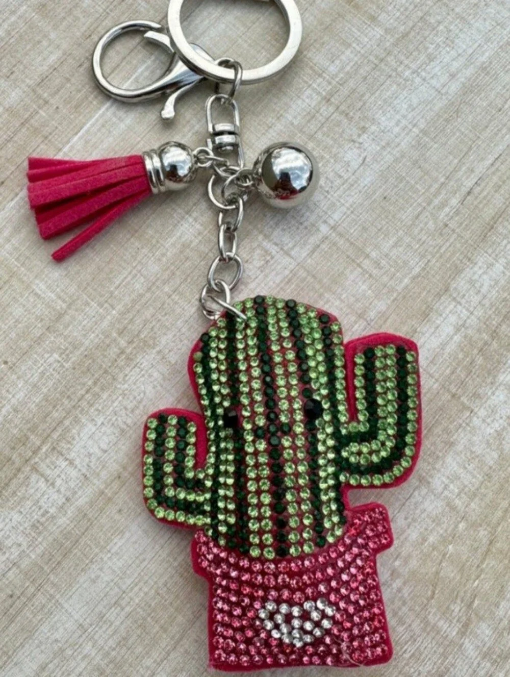 Western Cactus Crystal Rhinestone Keychain Bag Charm With Pink Tassel